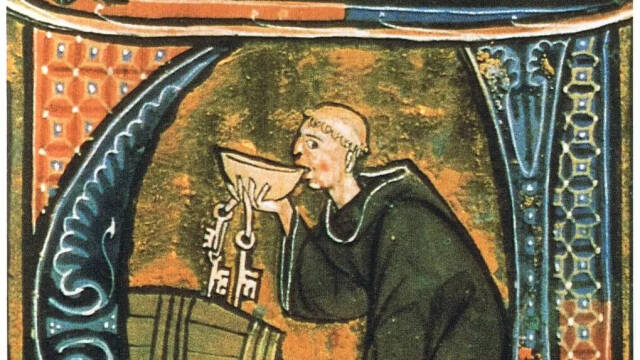 Grabado medieval fraile bebiendo vino