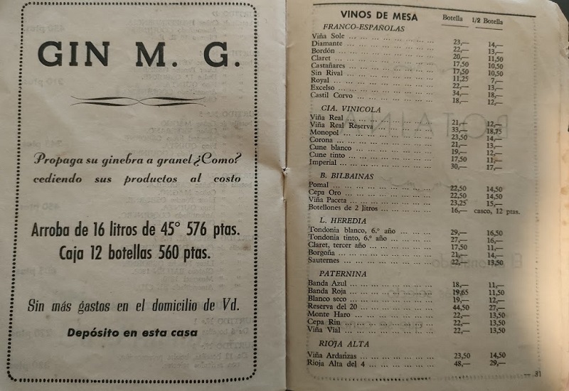 Lista de precios de vinos 1958