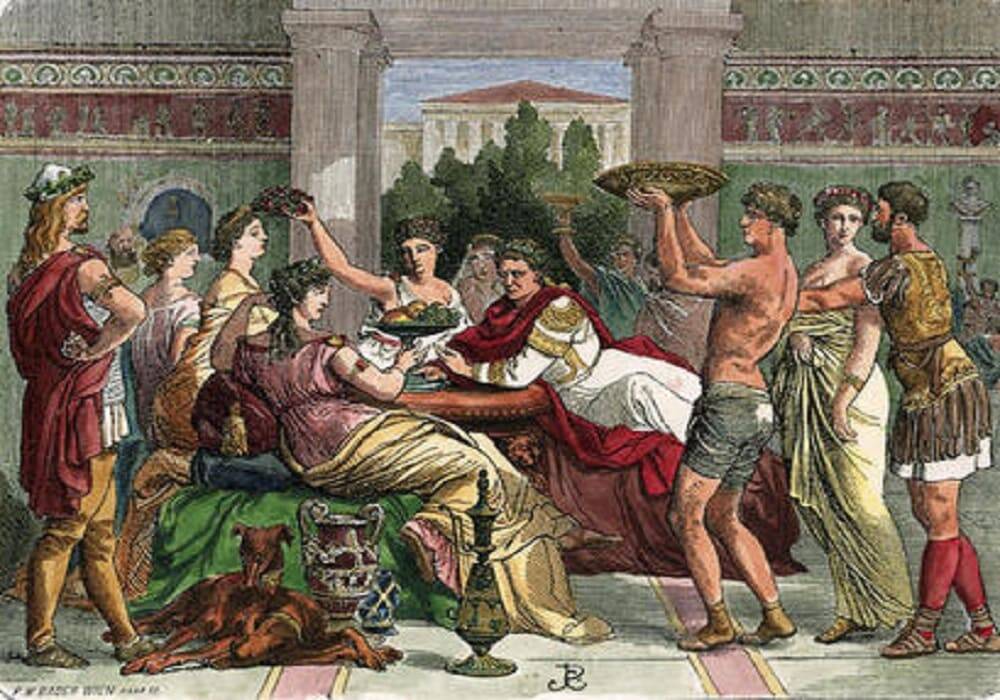 En Grecia y Roma el papel de vino en los banquetes y simposios era fundamental y aparece representado en múltiples pinturas grecorromanas.