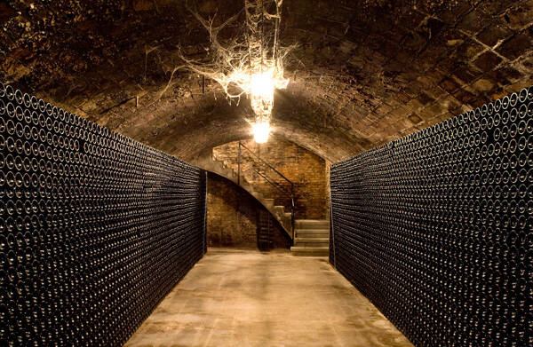 Inside the wine cellar, bottle storage.
