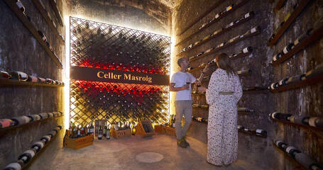 Image of the interior of the winery with the bottles on display.