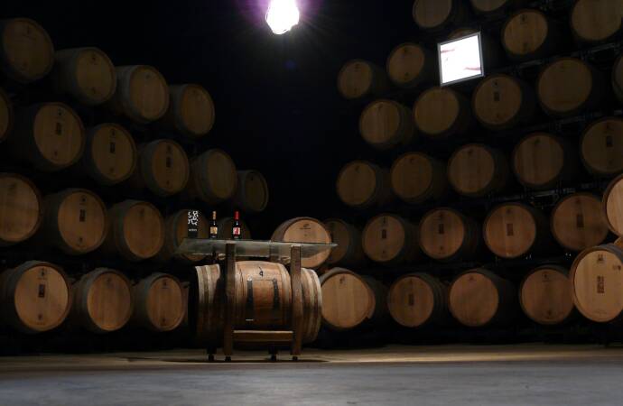 Image of barrels inside the Edra winery.