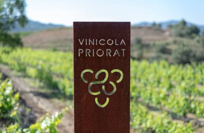 Image of vineyards and logo of Vinícola del Priorat.