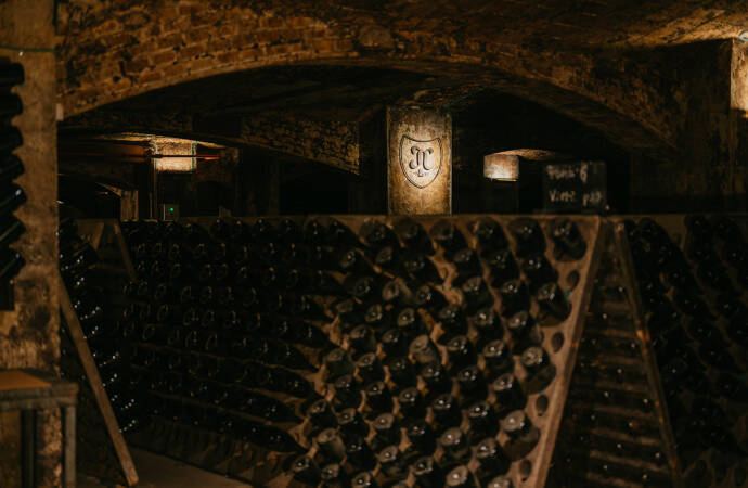 Bild von Flaschen im unterirdischen Weinkeller.