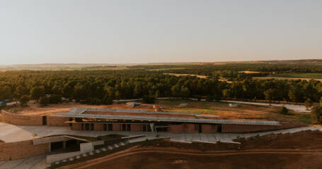 Vista aérea de los viñedos y la bodega.