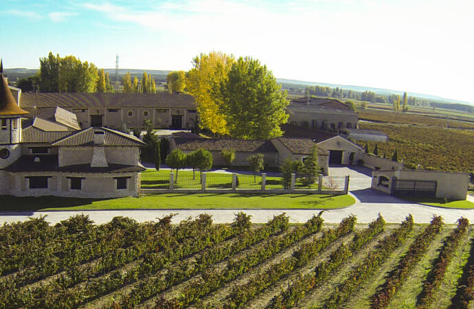 Luftaufnahme der Weinberge und des Weinguts