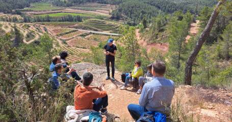 Imagen de un grupo de personas paseando por los viñedos.