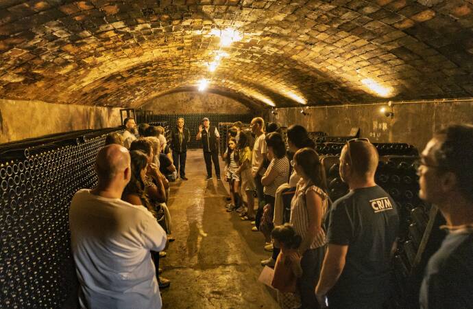 Foto einer Gruppe von Menschen bei einem Besuch im unterirdischen Weinkeller