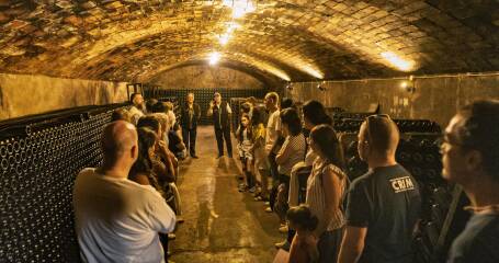 A photo of a group of people visiting the underground wine cellar