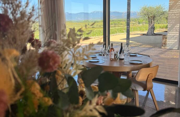 Imagen de una mesa con vinos de la bodega y vistas al viñedo.