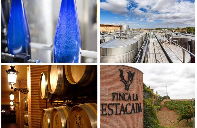 Collage aus Weinfässern, der Fassade und Weinflaschen des Weinguts.