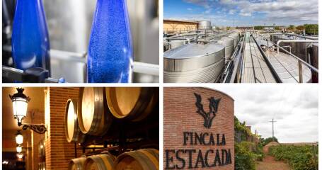 A collage of wine barrels, the winery’s facade, and bottles of wine.