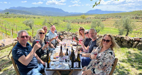 Imagen de un grupo de personas catando vino en los viñedos de la bodega.